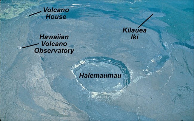 aerial photo of kilauea with calderas and visitor centers labeled