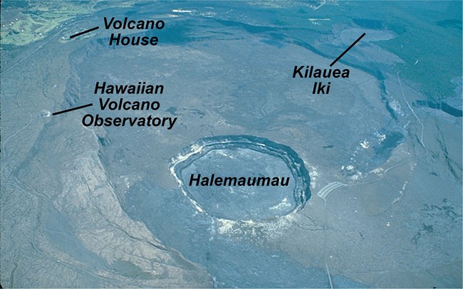 aerial photo of kilauea with labels compare@10x aerial photo of kilauea with calderas and visitor centers labeled