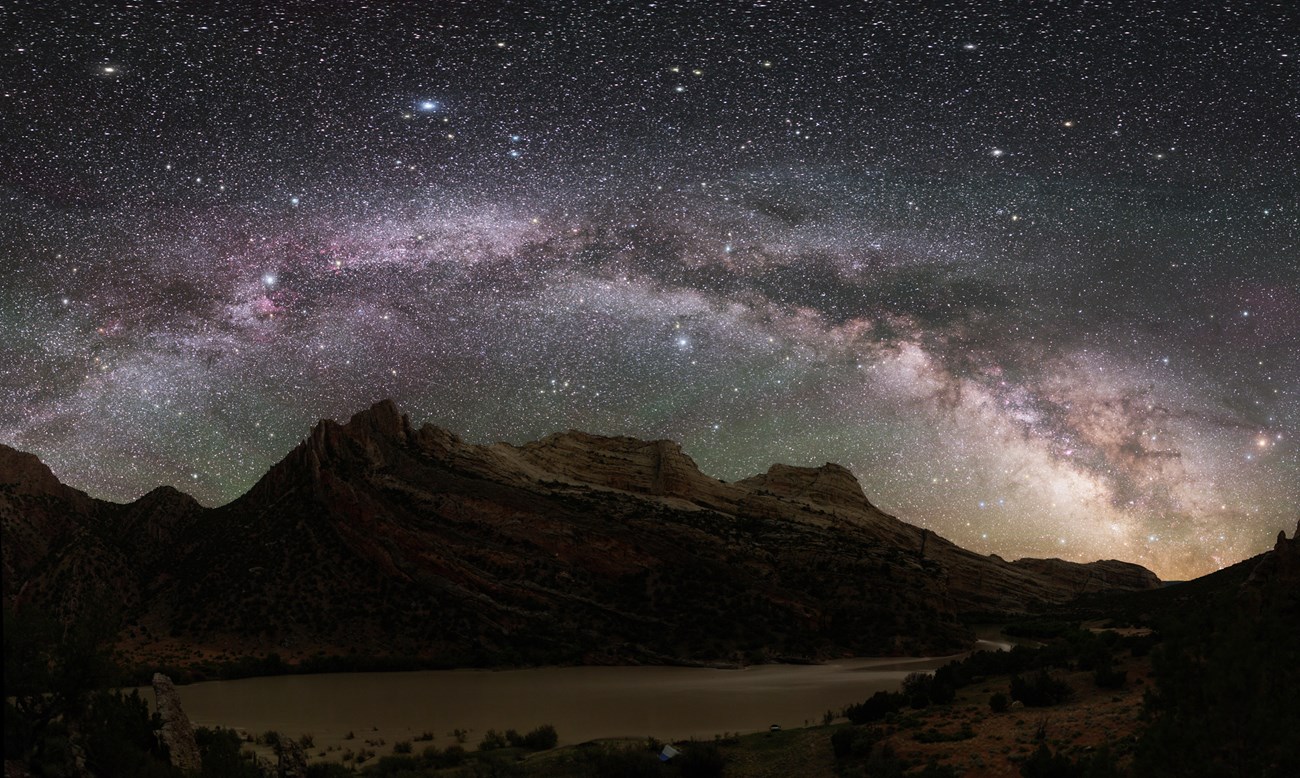 dino night sky night sky, mountains, and river