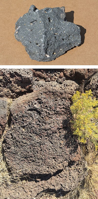 Two photos of basalt rocks, one a small sample with fresh broken surfaces and one a larger rock in original position outdoors.