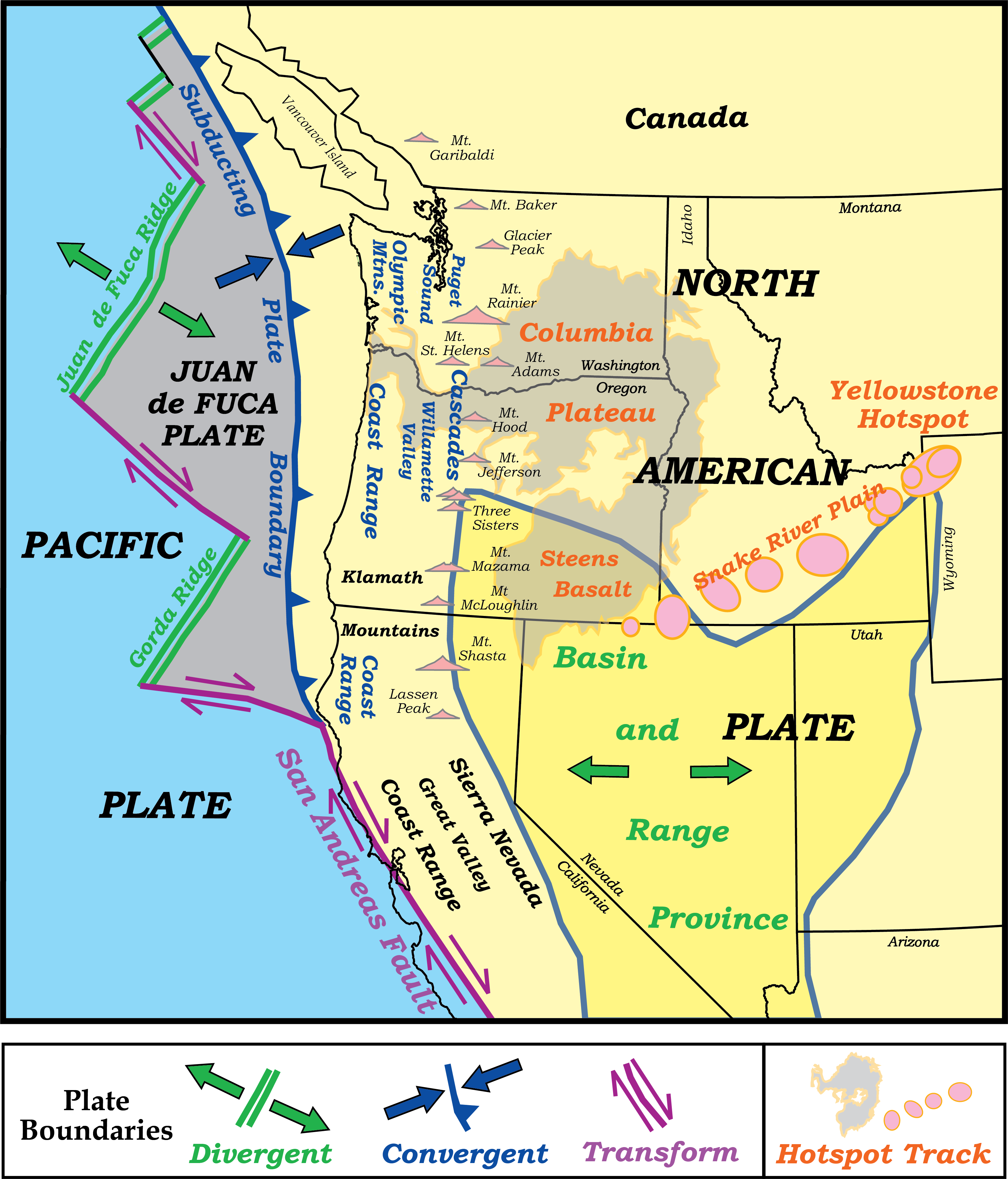 map of northwest us with plates volcanoes and provinces labeled@10x map of northwest us with multiple plates, volcanoes, and physiographic provinces labeled