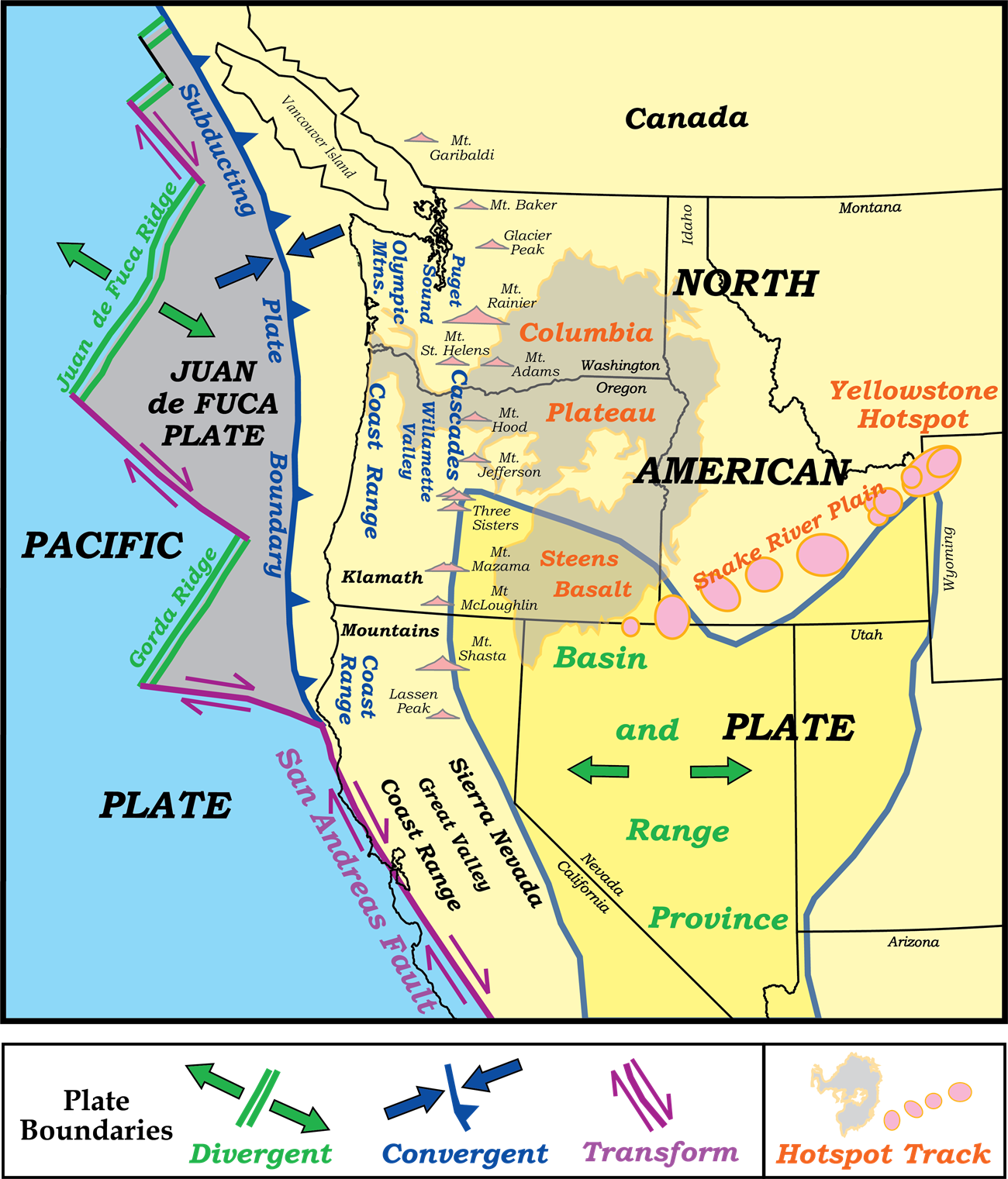 map of northwest us with multiple plates, volcanoes, and physiographic provinces labeled