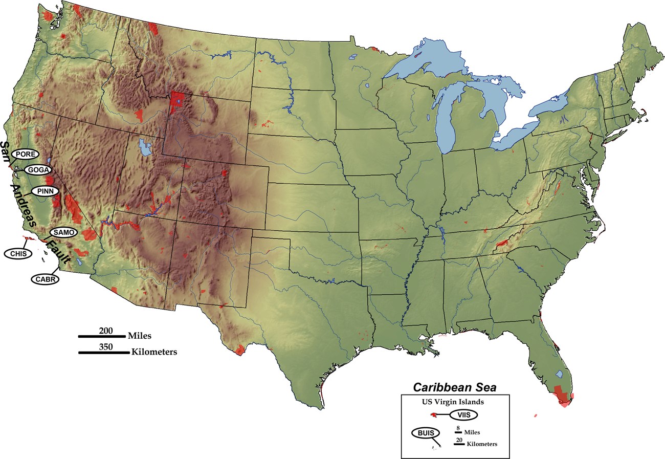 map of us with parks in transform plate zones marked and labeled