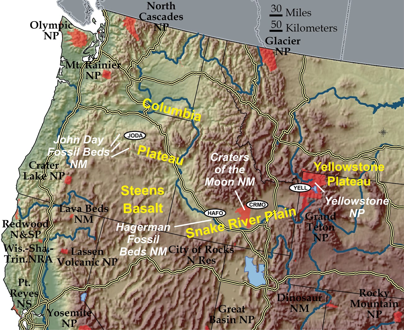 shaded relief map of pacific northwest w nps sites labeled