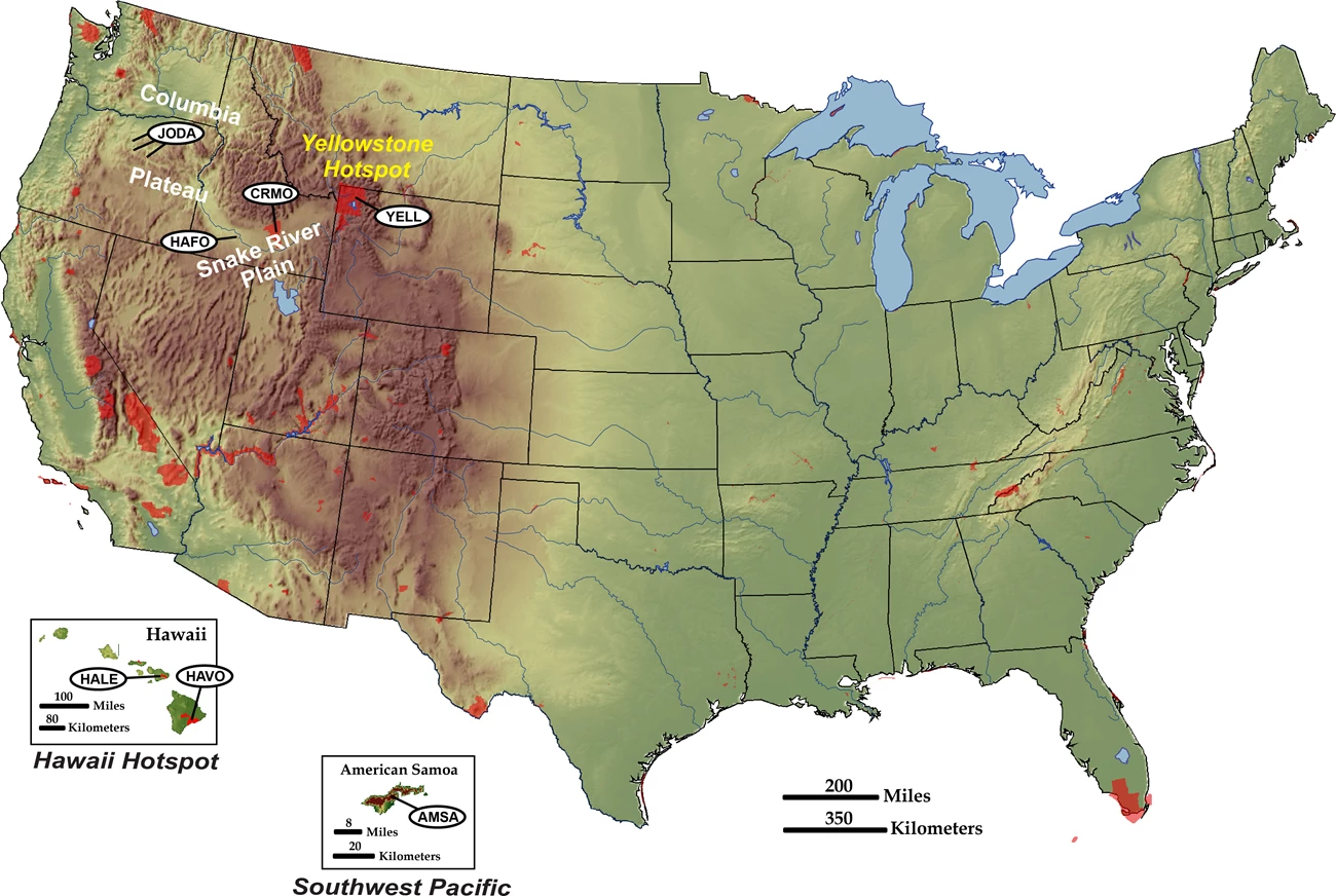 shaded relief map of us with hotspot parks labeled@10x map of us with parks in hotspots marked and labeled