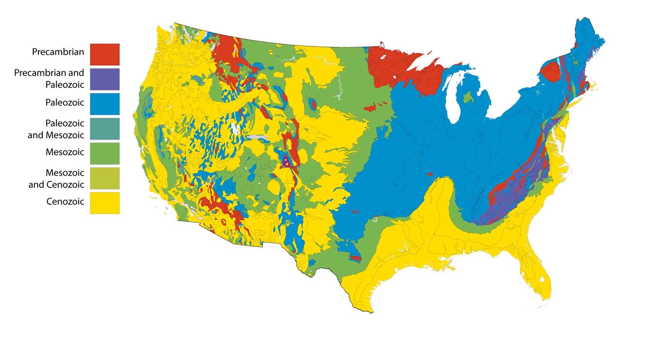 map of the US lower 48 states showing generalized occurrence of rocks of different geologic age