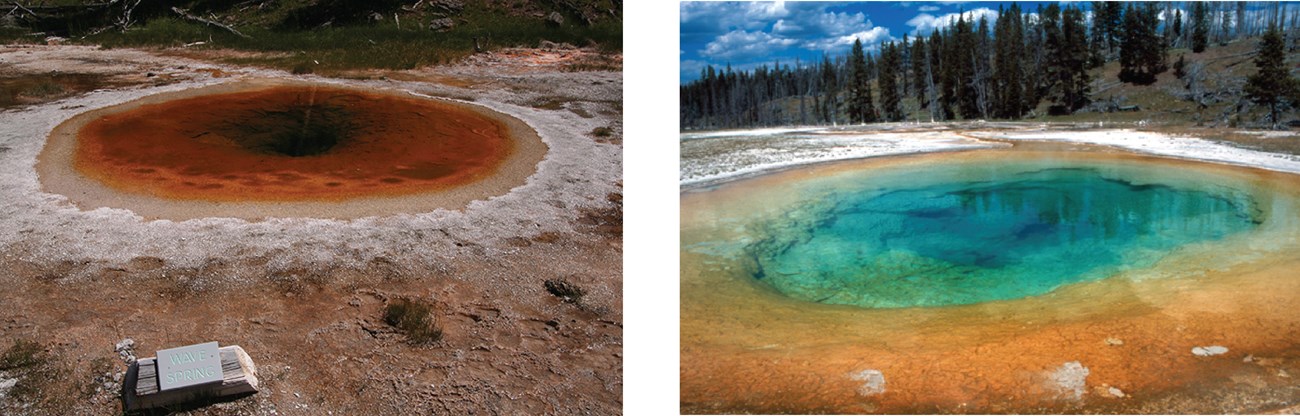 yell hydrothermal pools red and blue@10x two different hydrothermal pools exhibiting different colors red and blue