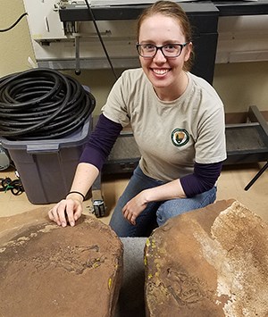 position types person with fossil slabs in lab