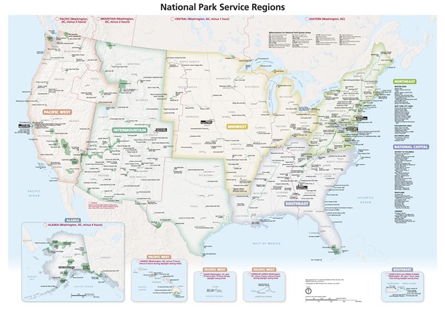 Country wide map displaying the 8 different National Park Service Regions, including national parks and time zones.