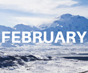 February word February over background of snow covered mountains