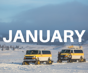 January word January over background of vans in snow