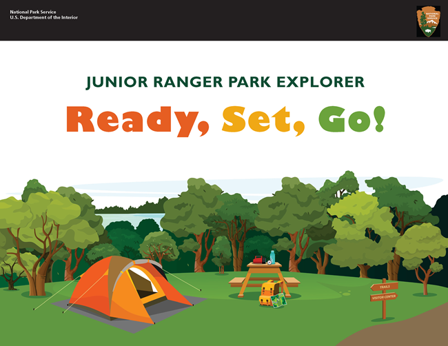 NPS Jr Park Ranger Explorer Front Page A campsite with a body of water and a trail running through. An orange tent and picnic table feature a water bottle, flashlight, and backpack. Two signs on the trail read "Visitor Center" and "Trails."