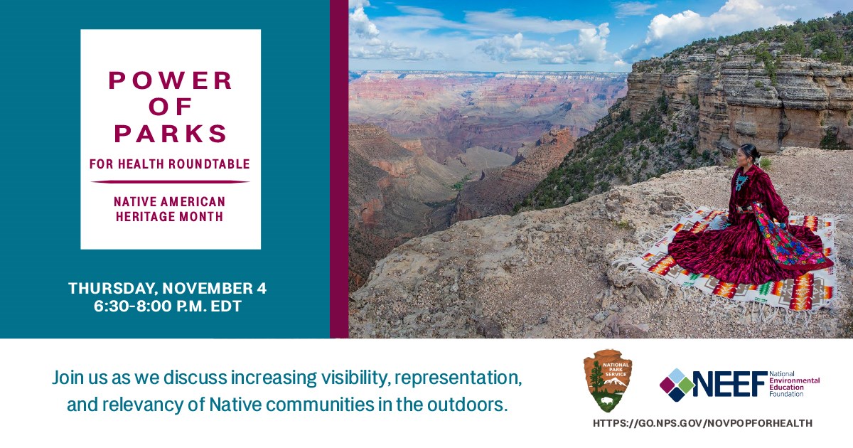 Join us for the Power of Parks for Health Roundtable and register below. woman sits in colorful dress on a blanket overlooking canyons in a park