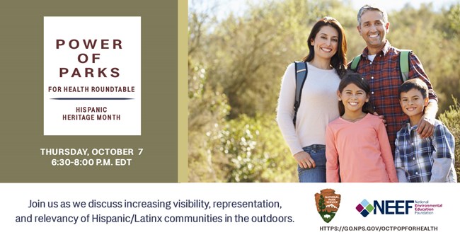 Power of Parks for Health Roundtable flyer October image of a family in a park featuring information about the Power of Parks for Health Roundtable