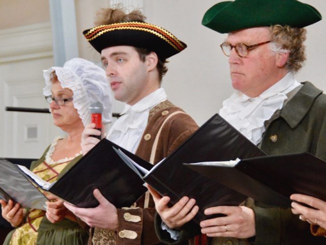 Living history performers in colonial dress at the 2019 performance of ‘Declaring Independence’ in Concord, MA