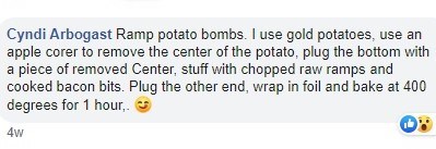 Screenshot of a Facebook recipe for ramp potato bombs