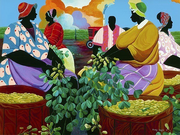 Harvesting peanuts A painting of Gullah Geechee women in multicolored clothing, harvesting indigo plants.