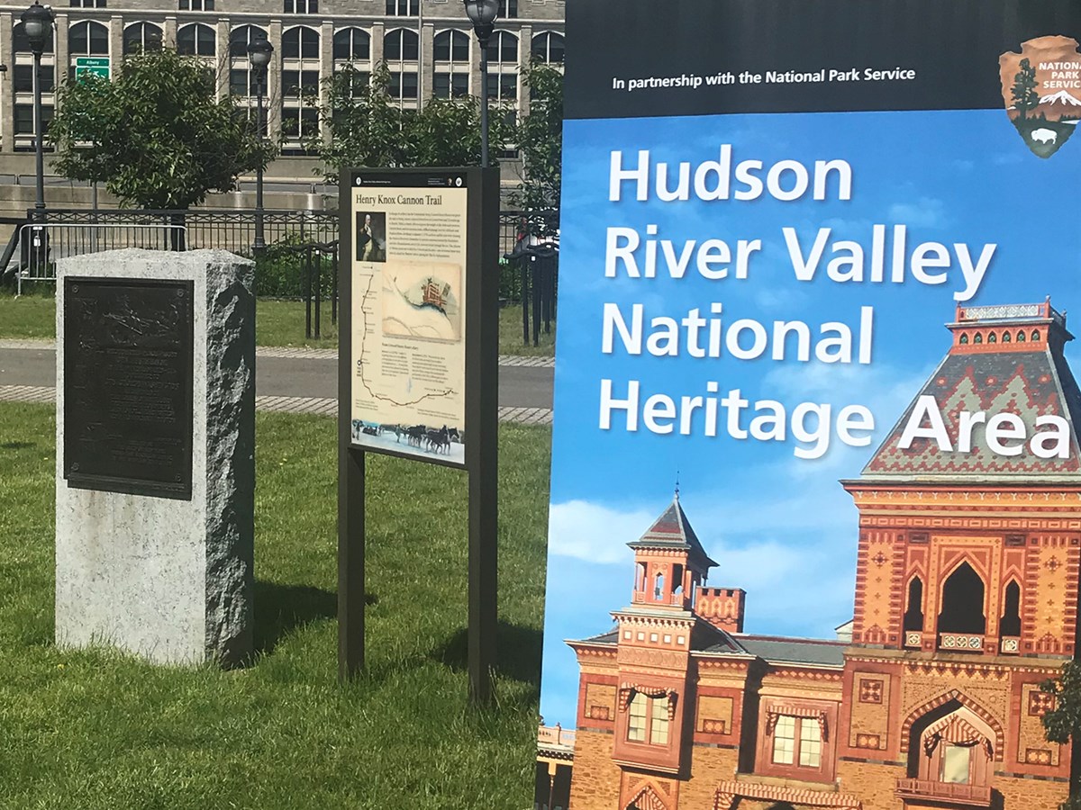 Henry Knox Cannon Trail monument, marker, and NHA sign at Jennings Landing, Albany