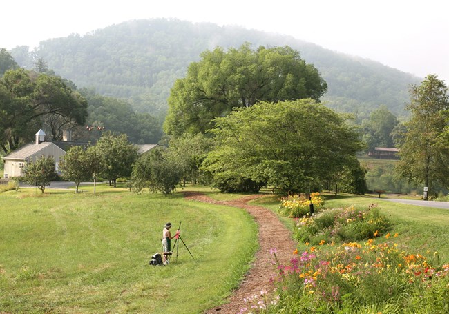 Blue Ridge Mountains A green field with a dirt road running through it. Mist-covered hills in backgrounds. Green trees. Wildflowers. Someone is painting in center of field.