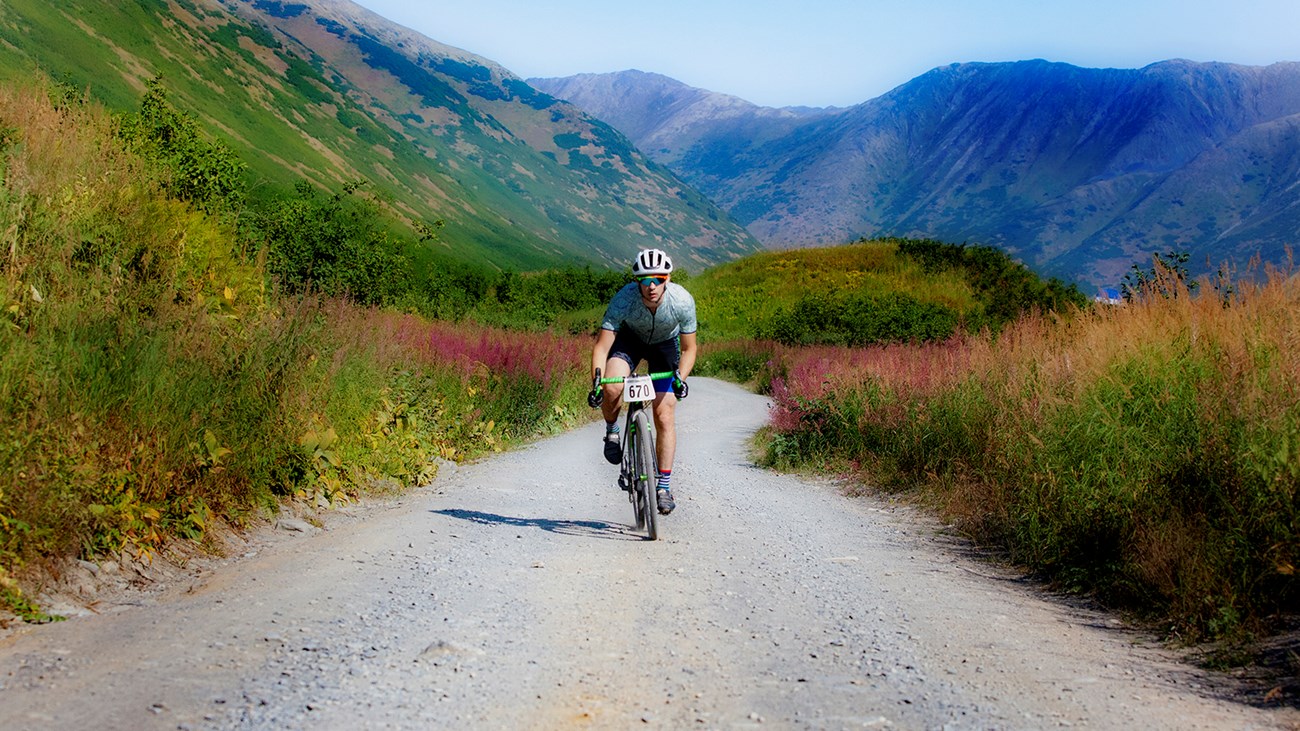 Biker on gravel trail during Mineshaft Grinder 2019 near Hope, Alaska