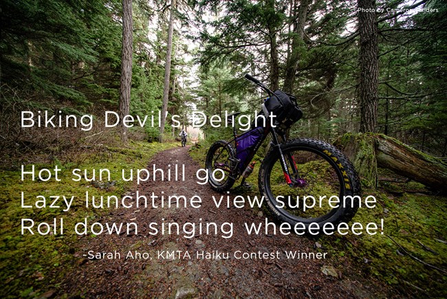 Haiku in front of picture of a bike on a trail in a forest.