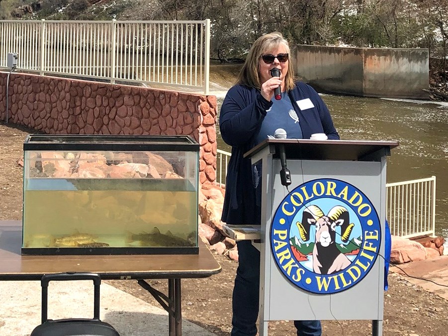 Director Kathleen Benedict speaking at fish bypass ceremony