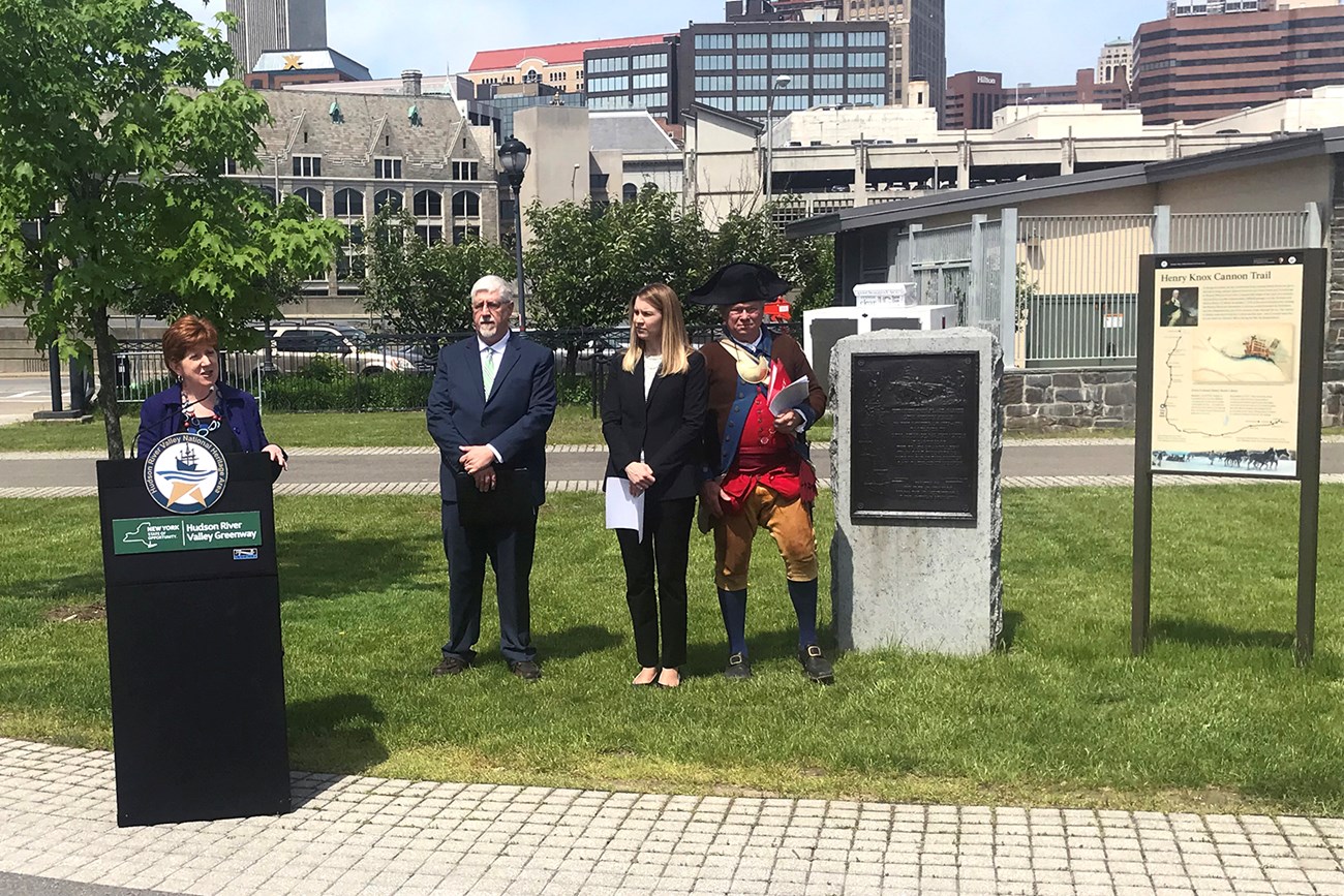 Albany Mayor Kathy Sheehan speaks at unveiling of new panel at Henry Knox Cannon Trail