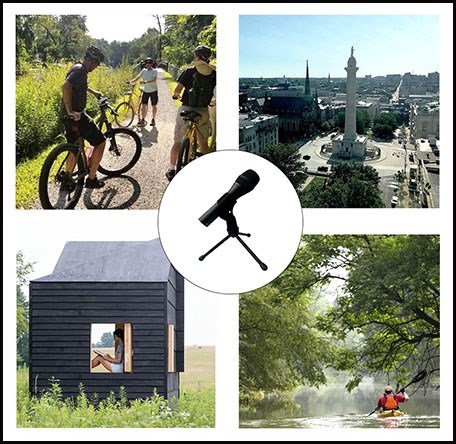 Images of bicyclists on a path, the city of Baltimore, a person sitting in a cabin, and a person kayaking down a river, all surrounding a microphone in the center of the image.