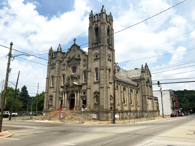 A grey stone church.