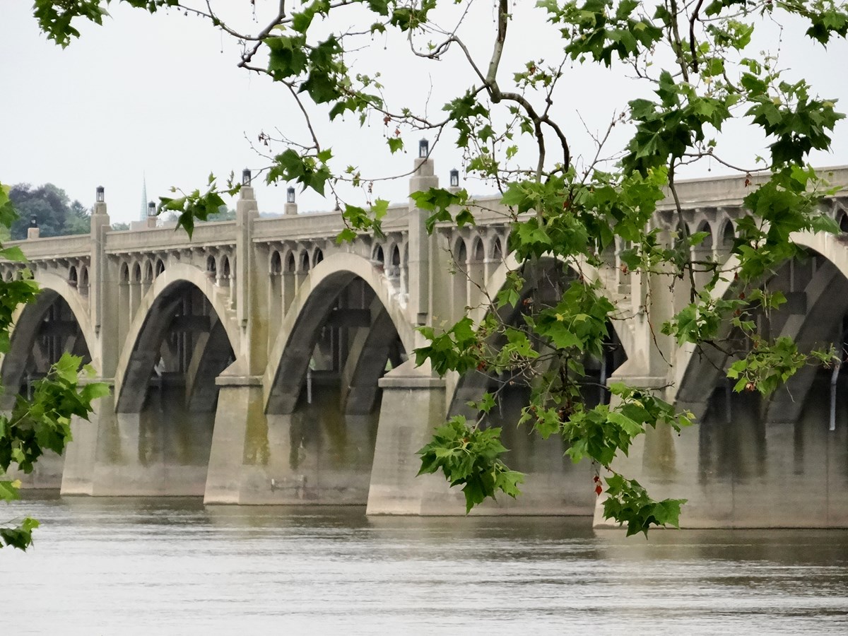 Leaves and the stone arches of the Wrightsville-Columbia Bridge across the Susquehanna River