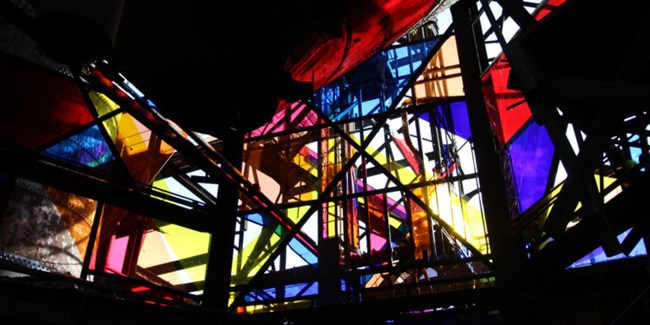 "Spectre and Shade" by Oreen Cohen Fake stained glass and rusted metal beams make up the art installation “Spectre and Shade,” by Oreen Cohen, at the Carrie Blast Furnaces’ Alloy Pittsburgh art exhibit in 2015.