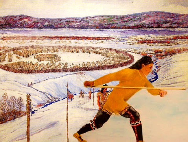 A drawing of a Susquehannock man playing the Iroquoian game of snow snake in front of a Susquehannock town.