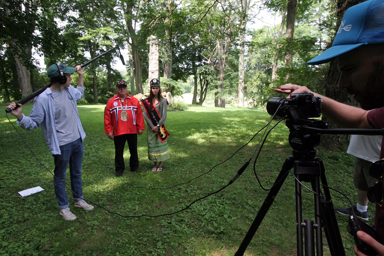 Stockbridge Indian Burial Ground Video crew filming Odessa Acre and Robert Little at Stockbridge Indian Burial Ground