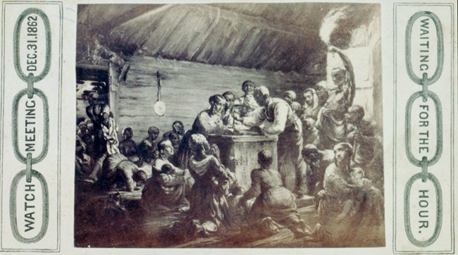 Historic illustration of people gathered around a table for Watch Night