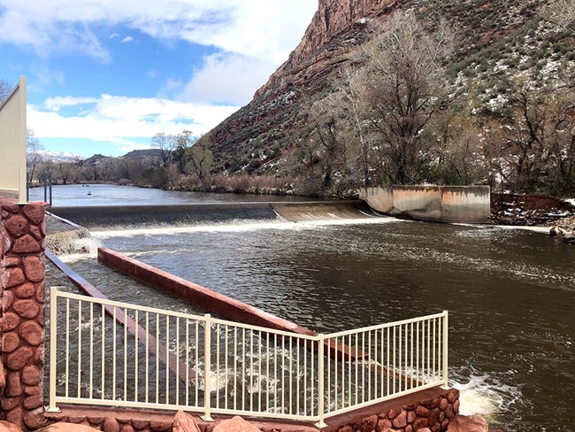 Diversion dam and new Watson Lake Fish Bypass along the Poudre River, CO
