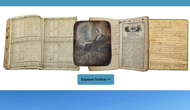 Essex NHA Heritage At Home Site A screenshot of the Essex NHA's Heritage at Home website. Historical documents and pamphlets are laid out in a design over a blue and white background.