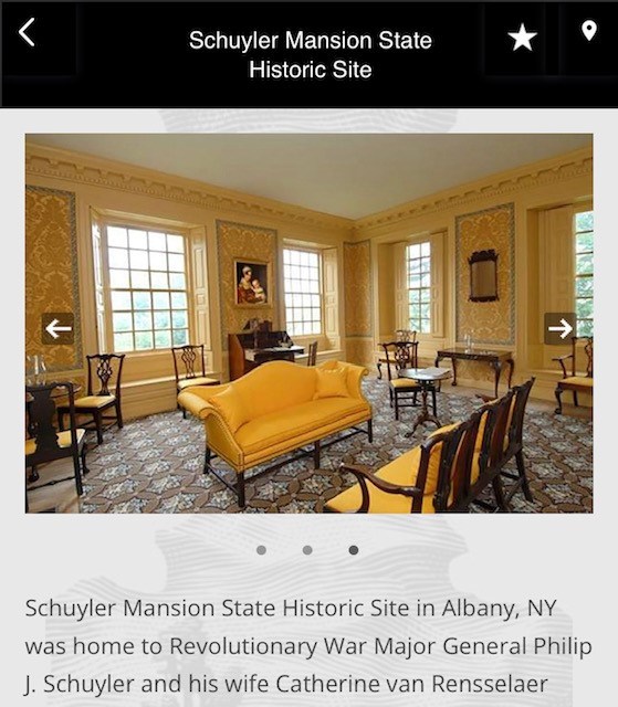 Inside the Schuyler Mansion A screenshot of the Hudson river train tour app, showing the yellow upholstered furniture of the Schuyler mansion's living room