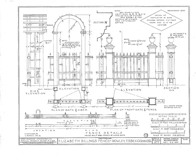 lt= Measured drawing of picket fence and archway