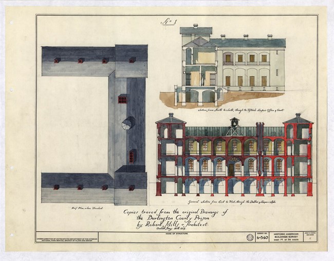 Click to see the Historic American Buildings Survey (HABS) documentation of Burlington County Prison (HABS NJ-340) Watercolor drawing showing roof view and two building sections of the Burlington County Prison