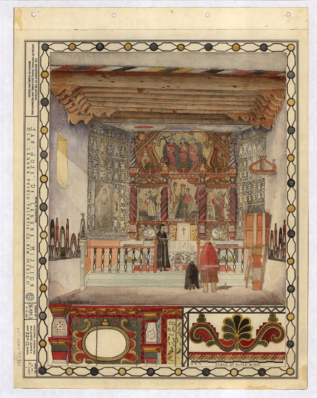 Click to see the Historic American Buildings Survey (HABS) documentation of San José de Laguna Mission Church (HABS NM-3) 1930s watercolor drawing of the altar in San José de Laguna Mission Church