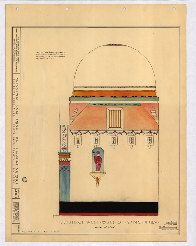 Click to see the Historic American Buildings Survey (HABS) documentation of San José de Tumacácori Mission (HABS AZ-3) 1930s watercolor drawing of a wall in the sanctuary of San José de Tumacácori Mission