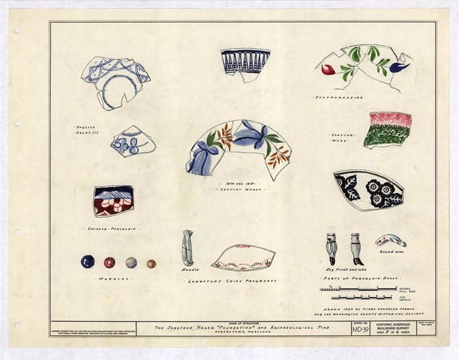Click to see the Historic American Buildings Survey (HABS) documentation of Jonathan Hager House (HABS MD-39) Watercolor drawing showing various pottery shards