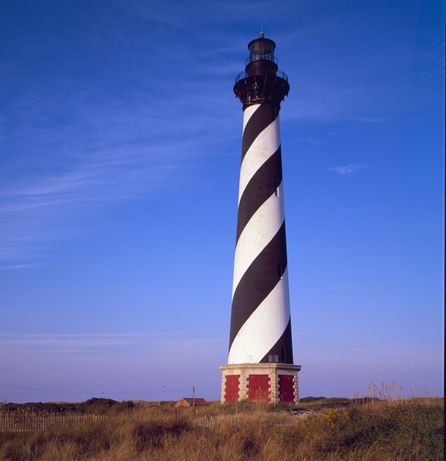Black and white striped lighthouse