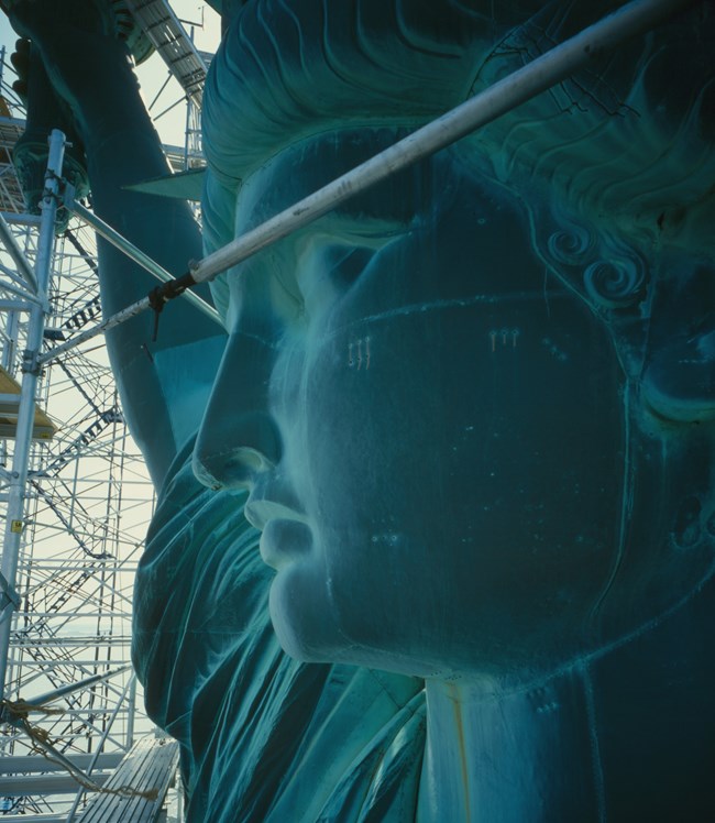 Close-up profile of the Statue of Liberty