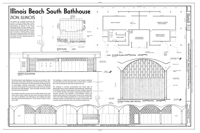 Click to see the Historic American Buildings Survey documentation of the Illinois Beach State Park Bathhouse, South Bathhouse (HABS IL-1285-A) Measured drawing of Illinois Beach State Park, South Bathhouse (HABS IL-1285-A)
