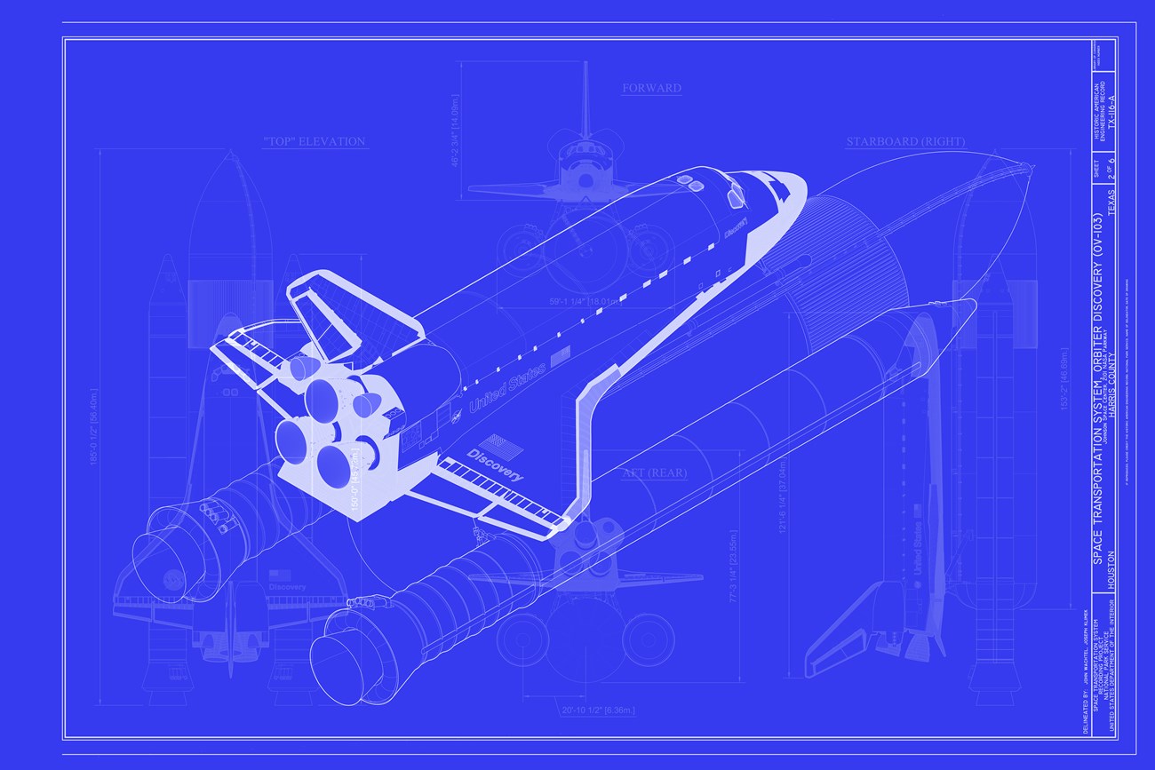 Illustration overlaying two HAER measured drawings of the Orbiter Discovery's Launch Stack Assembly with a "blueprint" effect applied.