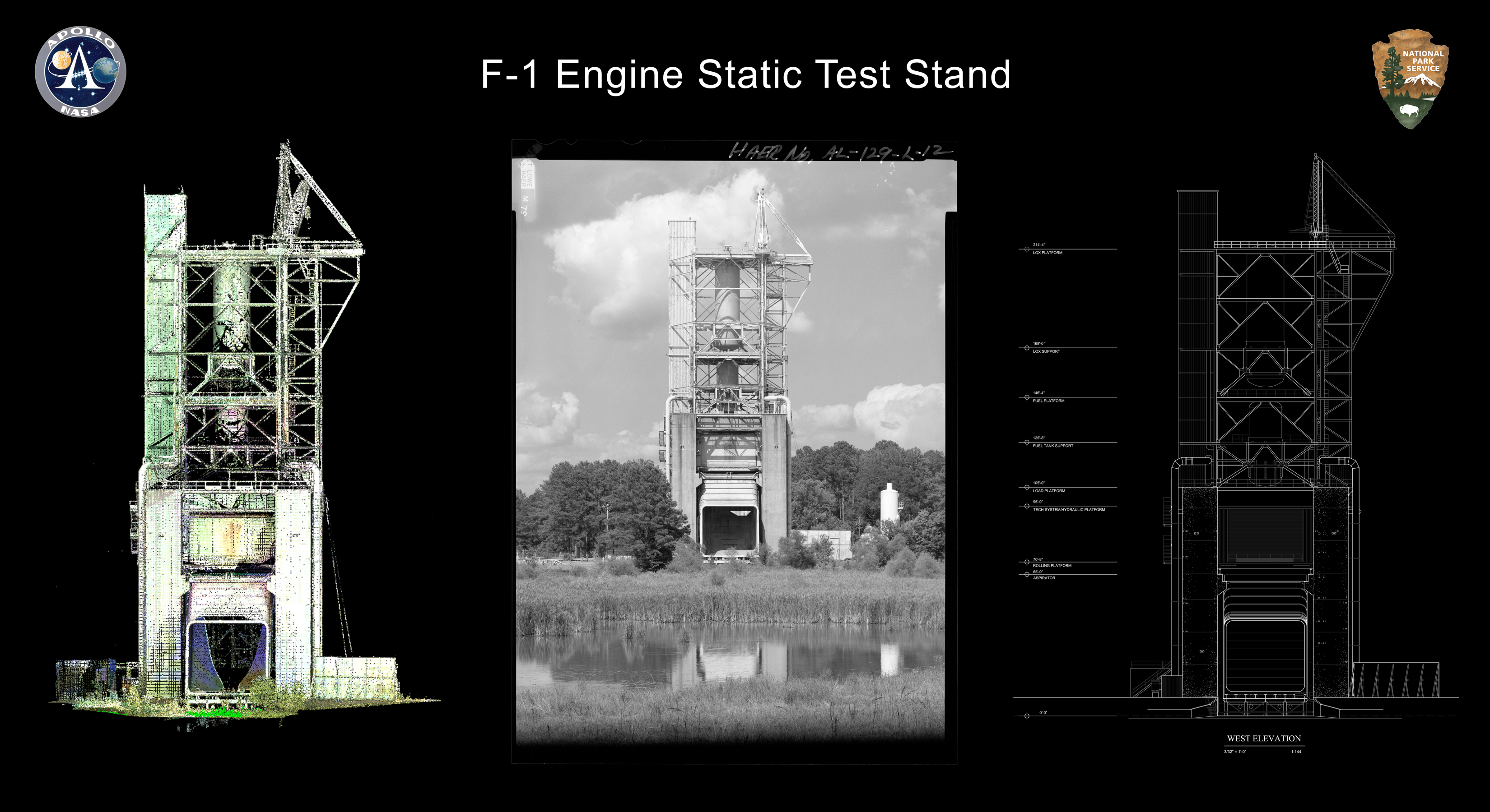 Composite graphic of render, photo and measured drawing of an F-1 rocket test stand