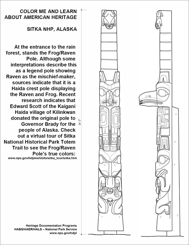 Two line drawings of the Frog/Raven Pole and text about it