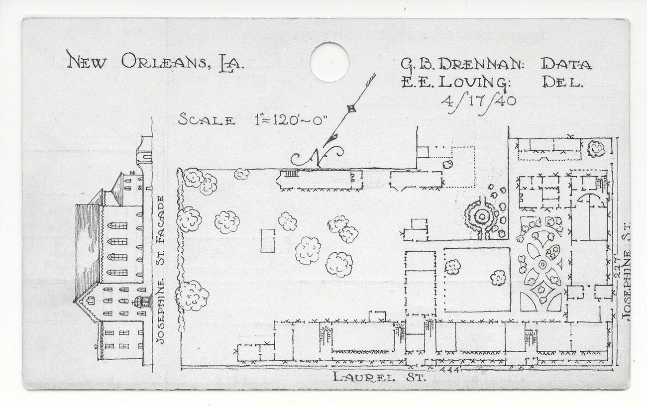 Catalog card with measured drawing of garden and building