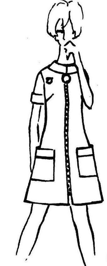 Line drawing of a conceptual design for the 1970 NPS women's uniform depicting a stylized woman wearing a dress with a zipper down the front.
